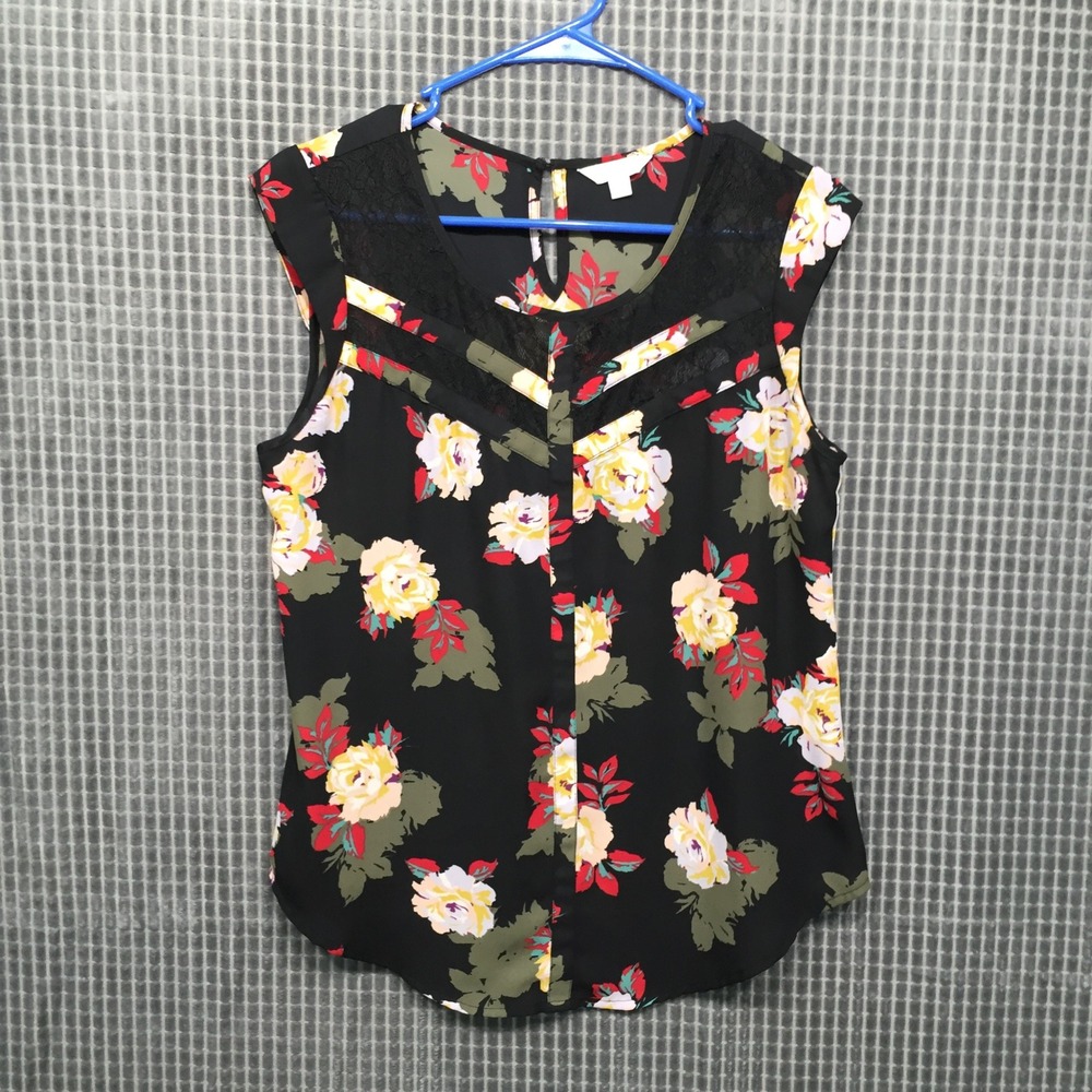 Candies Womens Black Floral Sleeveless Blouse Lace Mesh Inset Top Medium